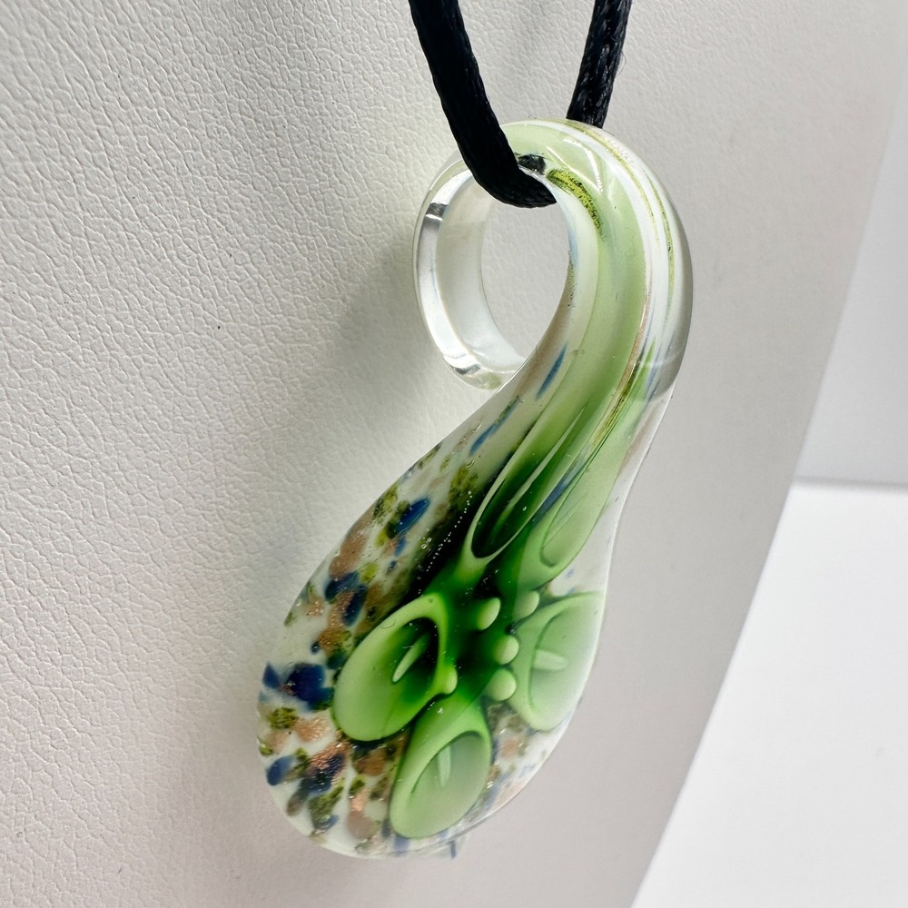Vintage 90s Lampwork Art Glass Floral Pendant Necklace Green Calla Lily Jewelry - Picture 6 of 13